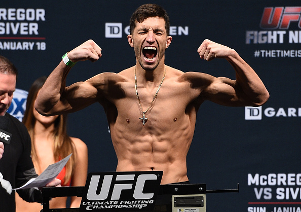 Frankie Perez steps on the scale during the UFC Fight Night Boston weigh-in event at the Orpheum Theatre on January 17, 2015 in Boston, Massachusetts. (Photo by Jeff Bottari/Zuffa LLC)