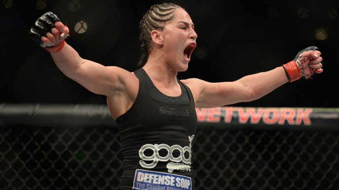Jessica Eye celebrates after defeating <a href='../fighter/Leslie-Smith'>Leslie Smith</a> in their women's bantamweight bout during the UFC 180 event at Arena Ciudad de Mexico on November 15, 2014 in Mexico City, Mexico. (Photo by Jeff Bottari/Zuffa LLC)