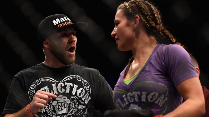 UFC bantamweight <a href='../fighter/Bryan-Caraway'>Bryan Caraway</a> and Miesha Tate speak after her women's bantamweight bout during the UFC 183 event at the MGM Grand Garden Arena on January 31, 2015 in Las Vegas, Nevada. (Photo by Jeff Bottari/Zuffa LLC)