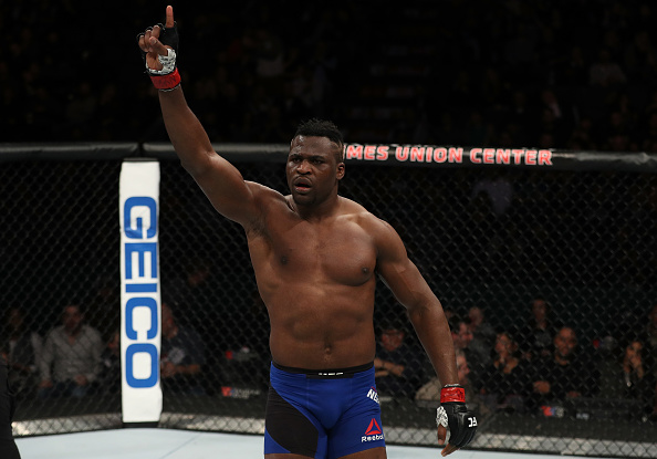 Ngannou celebrates after his latest victory over Anthony Hamilton at Fight Night Albany
