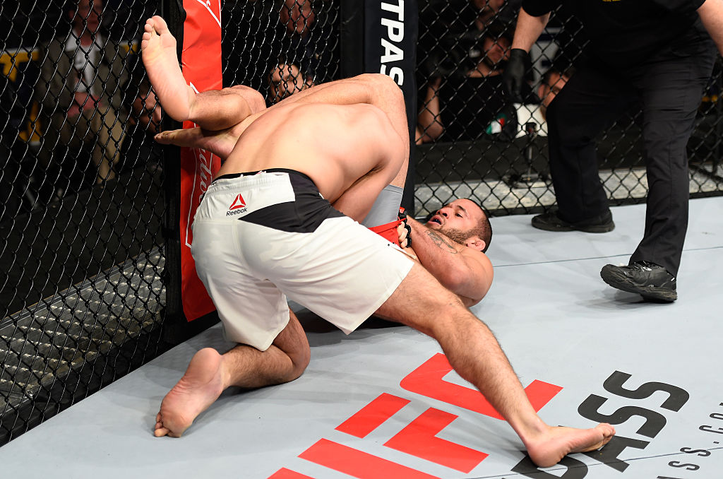 DENVER, CO - JANUARY 28: (R-L) Eric Spicely submits Alessio Di Chirico of Italy in their middleweight bout during the UFC Fight Night event at the Pepsi Center on January 28, 2017 in Denver, Colorado. (Photo by Josh Hedges/Zuffa LLC)