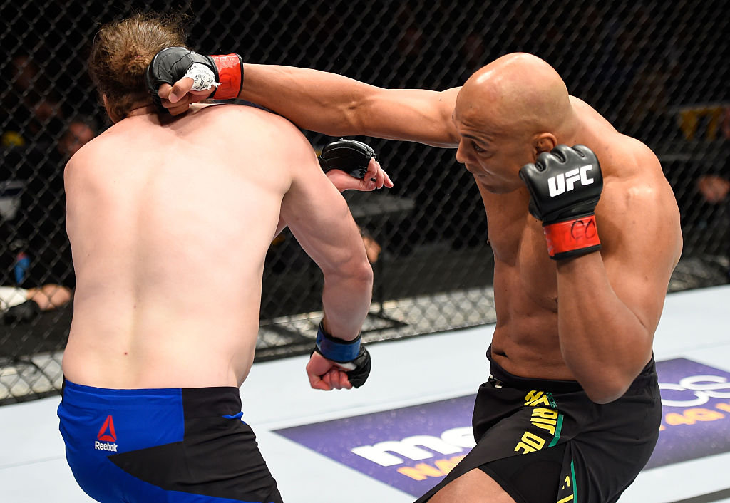 DENVER, CO - JANUARY 28: (R-L) Marcos Rogerio de Lima of Brazil punches Jeremy Kimball in their light heavyweight bout during the UFC Fight Night event at the Pepsi Center on January 28, 2017 in Denver, Colorado. (Photo by Josh Hedges/Zuffa LLC)
