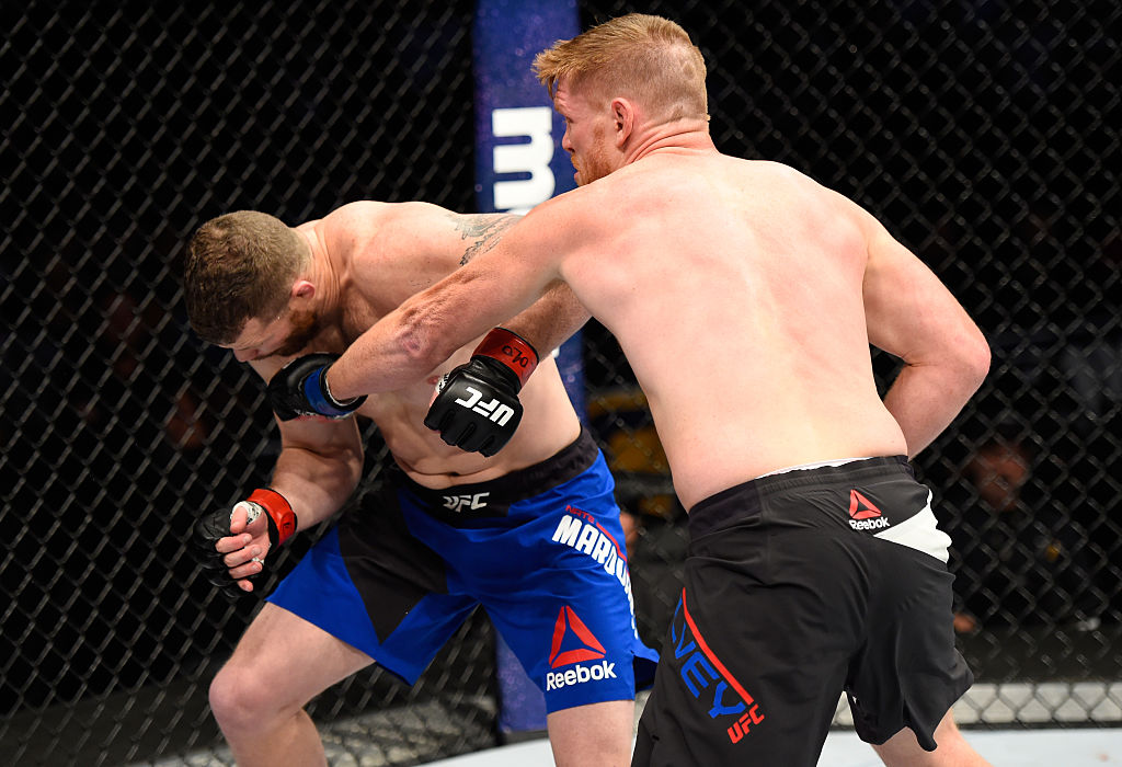 DENVER, CO - JANUARY 28: (R-L) Sam Alvey punches Nate Marquardt in their middleweight bout during the UFC Fight Night event at the Pepsi Center on January 28, 2017 in Denver, Colorado. (Photo by Josh Hedges/Zuffa LLC)