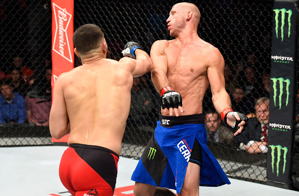 DENVER, CO - JANUARY 28: (L-R) Jorge Masvidal punches Donald Cerrone in their welterweight bout during the UFC Fight Night event at the Pepsi Center on January 28, 2017 in Denver, Colorado. (Photo by Josh Hedges/Zuffa LLC)