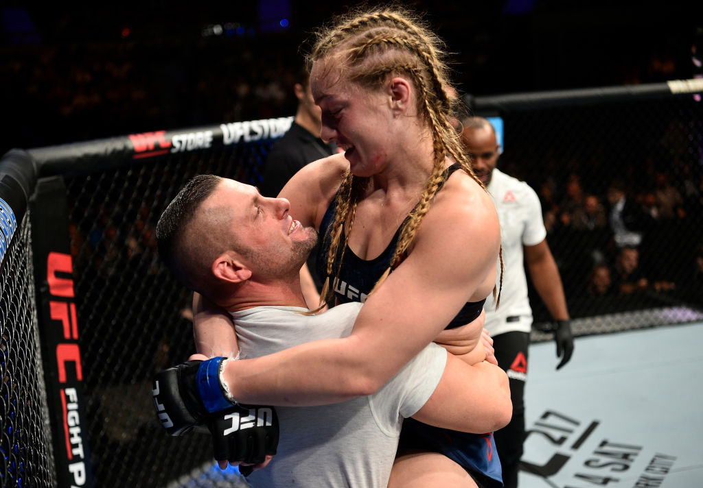 GDANSK, POLAND - OCTOBER 21: Aspen Ladd celebrates after her TKO victory over Lina Lansberg in their women's bantamweight bout during the UFC Fight Night event inside Ergo Arena on October 21, 2017 in Gdansk, Poland. (Photo by Jeff Bottari/Zuffa LLC)