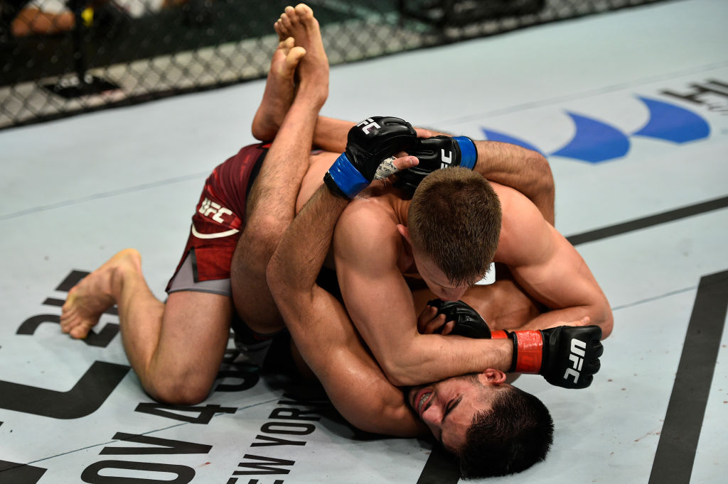 GDANSK, POLAND - OCTOBER 21: (L-R) Marcin Held of Poland elbows Nasrat Haqparast of Germany in their lightweight bout during the UFC Fight Night event inside Ergo Arena on October 21, 2017 in Gdansk, Poland. (Photo by Jeff Bottari/Zuffa LLC)