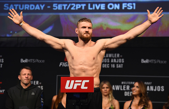 WINNIPEG, CANADA - DECEMBER 15: <a href='../fighter/Jan-Blachowicz'>Jan Blachowicz</a> of Poland poses on the scale during the <a href='../event/UFC-Silva-vs-Irvin'>UFC Fight Night </a>weigh-in on December 15, 2017 in Winnipeg, Canada. (Photo by Josh Hedges/Zuffa LLC/Zuffa LLC via Getty Images)