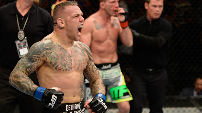 Ross Pearson celebrates after knocking out Gray Maynard in their lightweight bout during the UFC fight night event at the Cross Insurance Center on August 16, 2014 in Bangor, Maine. (Photo by Jeff Bottari/Zuffa LLC)