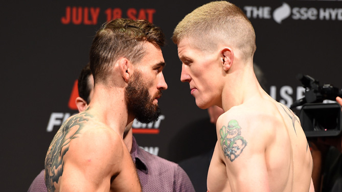 Opponents Robert Whiteford of Scotland and Paul Redmond of Ireland face off during the UFC weigh-in inside the SSE Hydro on July 17, 2015 in Glasgow, Scotland. (Photo by Josh Hedges/Zuffa LLC)