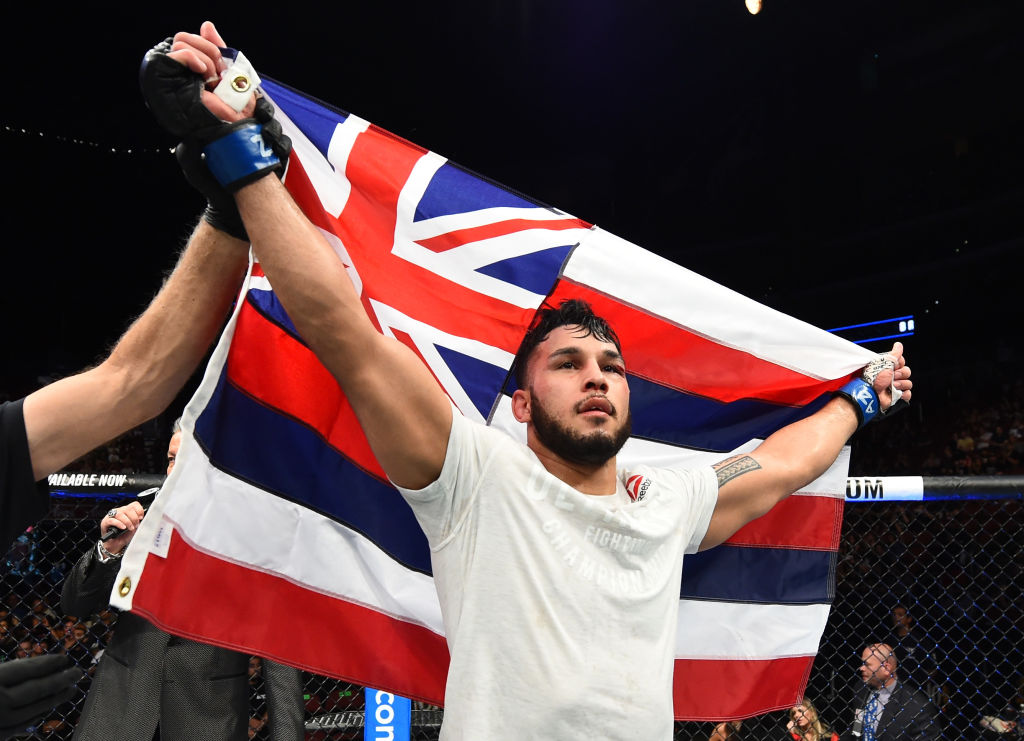 GLENDALE, AZ - APRIL 14: Brad Tavares celebrates his victory over <a href='../fighter/Krzysztof-Jotko'>Krzysztof Jotko</a> of Poland in their middleweight fight during the <a href='../event/UFC-Silva-vs-Irvin'>UFC Fight Night </a>event at the Gila Rivera Arena on April 14, 2018 in Glendale, Arizona. (Photo by Josh Hedges/Zuffa LLC/Zuffa LLC via Getty Images)