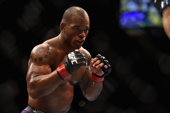 <a href='../fighter/Hector-Lombard'>Hector Lombard</a> squares off with Josh Burkman in their welterweight bout during UFC 182