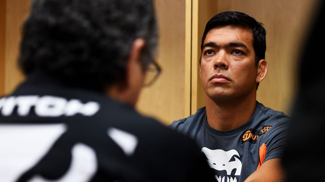 Lyoto Machida of Brazil has his hands wrapped prior to his middleweight bout against Luke Rockhold during the UFC Fight Night event at Prudential Center on April 18, 2015 in Newark, New Jersey. (Photo by Jeff Bottari/Zuffa LLC)