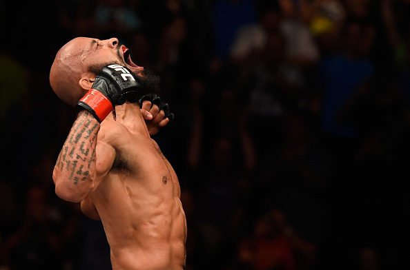 <a href='../fighter/Demetrious-Johnson'>Demetrious Johnson</a> celebrates his submission victory over <a href='../fighter/Wilson-Reis'>Wilson Reis</a> of Brazil in their UFC flyweight fight during the <a href='../event/UFC-Silva-vs-Irvin'>UFC Fight Night </a>event at Sprint Center on April 15, 2017 in Kansas City, Missouri. (Photo by Josh Hedges/Zuffa LLC)