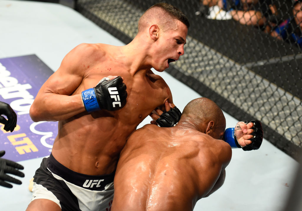 KANSAS CITY, MO - APRIL 15: (L-R) Tom Duquesnoy of France punches Patrick Williams in their bantamweight fight during the UFC Fight Night event at Sprint Center on April 15, 2017 in Kansas City, Missouri. (Photo by Josh Hedges/Zuffa LLC)