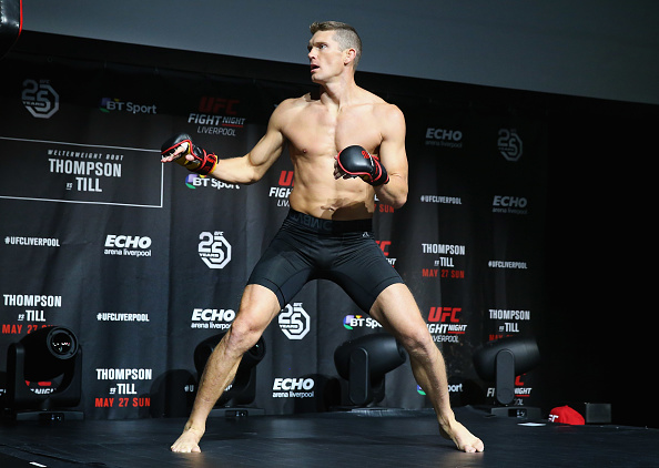 LIVERPOOL, ENGLAND - MAY 24: <a href='../fighter/Stephen-Thompson'>Stephen Thompson</a> in action during the <a href='../event/UFC-Silva-vs-Irvin'>UFC Fight Night </a>open workouts at Space by Echo Arena on May 24, 2018 in Liverpool, England. (Photo by Alex Livesey - Zuffa LLC/Zuffa LLC)