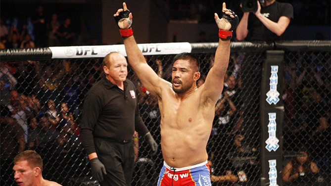 MANILA, PHILIPPINES - MAY 16: Mark Munoz of the United States celebrates his win in his middleweight fight during the UFC Fight Night event at the Mall of Asia Arena on May 16, 2015 in Manila, Philippines. (Photo by Mitch Viquez/Zuffa LLC/Zuffa LLC via Getty Images)