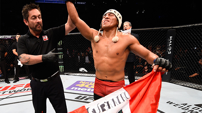 Enrique Barzola of Peru celebrates after his victory over Horacio Gutierrez during the UFC Fight Night event at Arena Monterrey on November 21, 2015 in Monterrey, Mexico. (Photo by Jeff Bottari/Zuffa LLC)