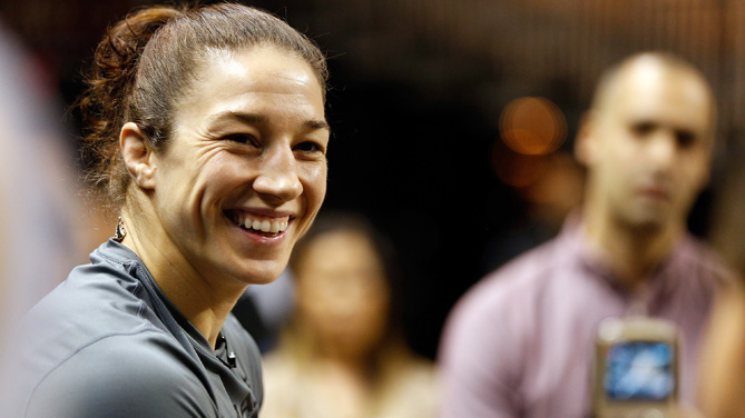 Sara McMann interacts with media after an open training session for fans and media at the Mandalay Bay Events Center on February 19, 2014 in Las Vegas, Nevada. (Photo by Josh Hedges/Zuffa LLC/Zuffa LLC via Getty Images)
