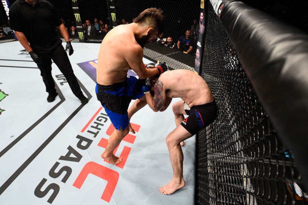 NASHVILLE, TN - APRIL 22: (L-R) Bryan Barberena lands a knee to the head of Joe Proctor in their welterweight bout during the UFC Fight Night event at Bridgestone Arena on April 22, 2017 in Nashville, Tennessee. (Photo by Jeff Bottari/Zuffa LLC)
