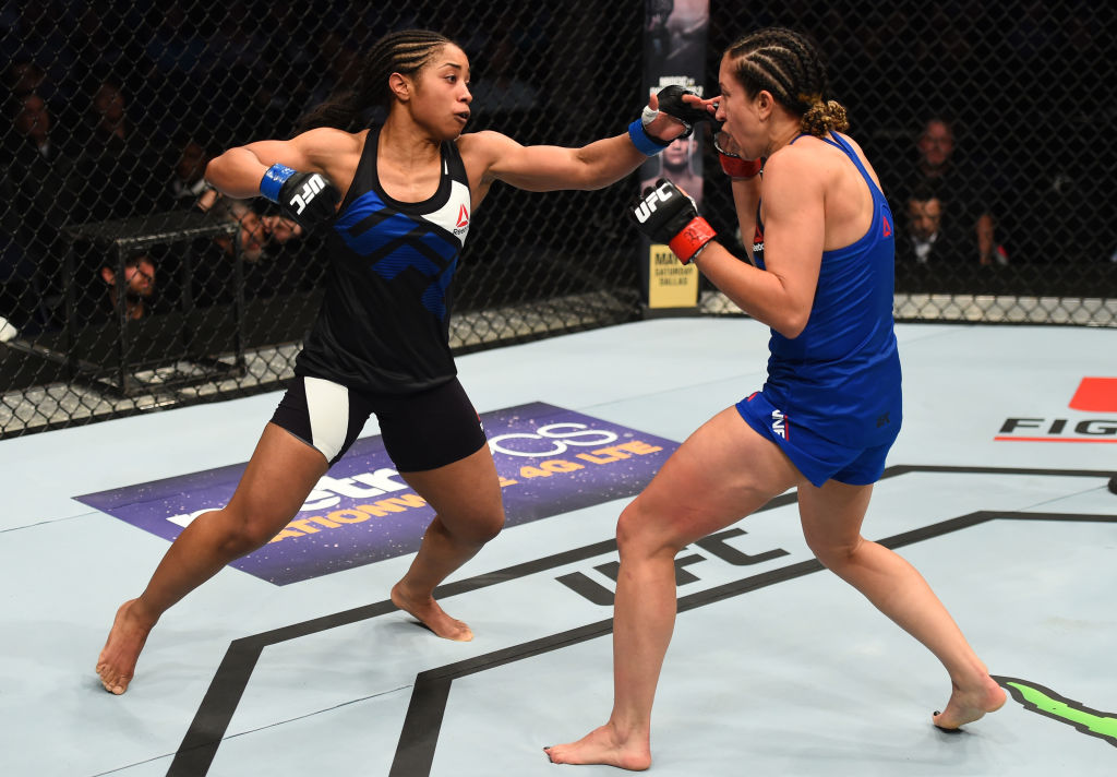NASHVILLE, TN - APRIL 22: (L-R) Danielle Taylor punches Jessica Penne in their women's strawweight bout during the UFC Fight Night event at Bridgestone Arena on April 22, 2017 in Nashville, Tennessee. (Photo by Jeff Bottari/Zuffa LLC)