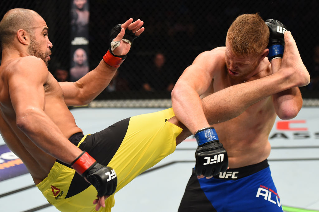 NASHVILLE, TN - APRIL 22: (L-R) Thales Leites of Brazil kicks Sam Alvey in their middleweight bout during the UFC Fight Night event at Bridgestone Arena on April 22, 2017 in Nashville, Tennessee. (Photo by Jeff Bottari/Zuffa LLC)