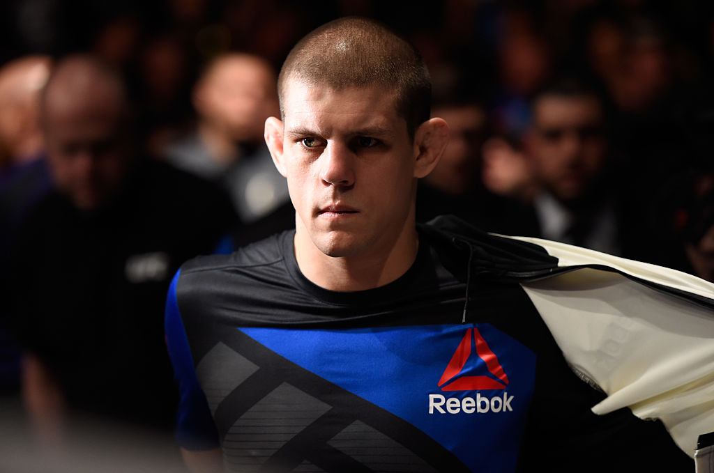 <a href='../fighter/Joe-Lauzon'>Joe Lauzon</a> prepares to enter the Octagon before facing <a href='../fighter/Marcin-Held'>Marcin Held</a> of Poland in their lightweight bout during the <a href='../event/UFC-Silva-vs-Irvin'>UFC Fight Night </a>event inside Talking Stick Resort Arena on January 15, 2017 in Phoenix, Arizona. (Photo by Jeff Bottari/Zuffa LLC)