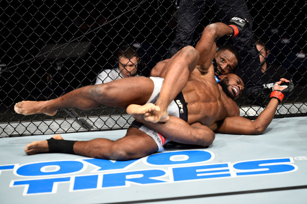 NORFOLK, VA - NOVEMBER 11: (R-L) Karl Roberson attempts to submit Darren Stewart of England in their middleweight bout during the UFC Fight Night event inside the Ted Constant Convention Center on November 11, 2017 in Norfolk, Virginia. (Photo by Brandon Magnus/Zuffa LLC)