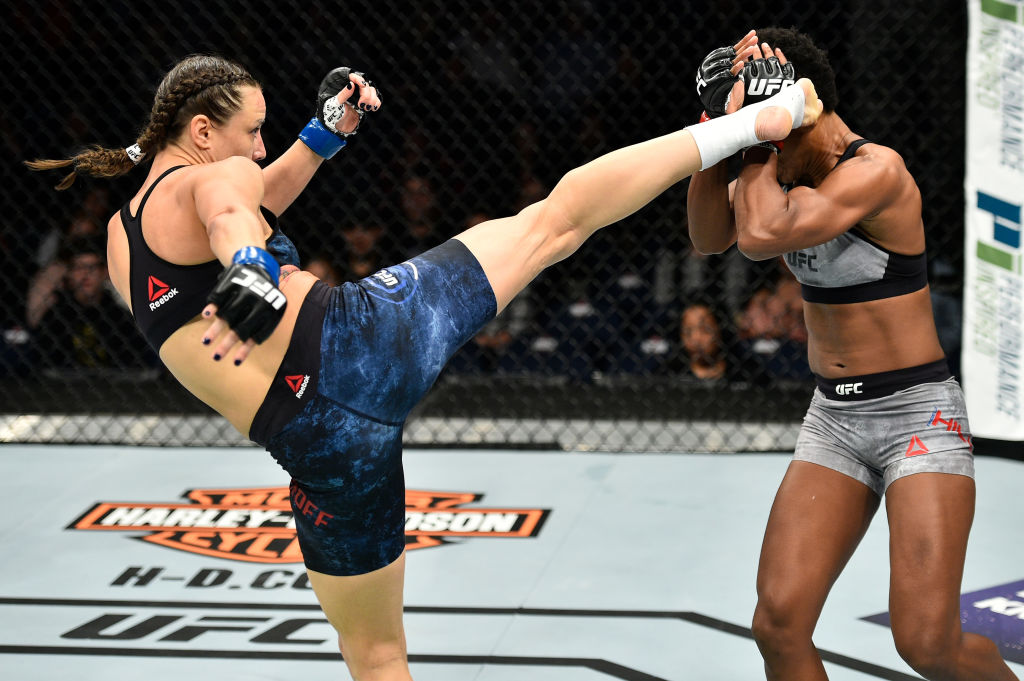 (L-R) Nina Ansaroff kicks Angela Hill in their women's strawweight bout during the UFC Fight Night event inside the Ted Constant Convention Center on November 11, 2017 in Norfolk, Virginia. (Photo by Brandon Magnus/Zuffa LLC)