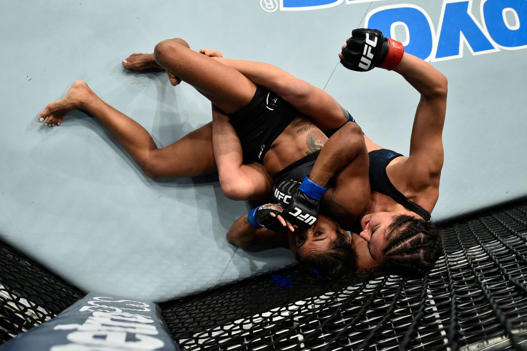 NORFOLK, VA - NOVEMBER 11: (R-L) Tatiana Suarez controls the body of Viviane Pereira of Brazil in their women's strawweight bout during the UFC Fight Night event inside the Ted Constant Convention Center on November 11, 2017 in Norfolk, Virginia. (Photo by Brandon Magnus/Zuffa LLC)