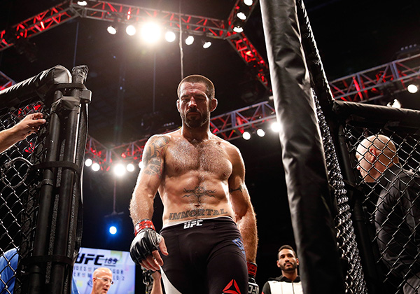 <a href='../fighter/Matt-Brown'>Matt Brown</a> walks out of the Octagon after his welterweight fight during the UFC 189 event inside MGM Grand Garden Arena on July 11, 2015 in Las Vegas, NV. (Photo by Christian Petersen/Zuffa LLC)