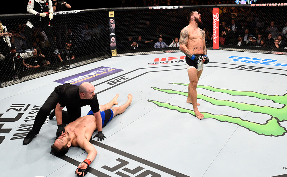 Mike Perry celebrates after his knockout victory over Jake Ellenberger during the <a href='../event/UFC-Silva-vs-Irvin'>UFC Fight Night </a>event at Bridgon April 22, 2017 in Nashville, TN. (Photo by Jeff Bottari/Zuffa LLC)