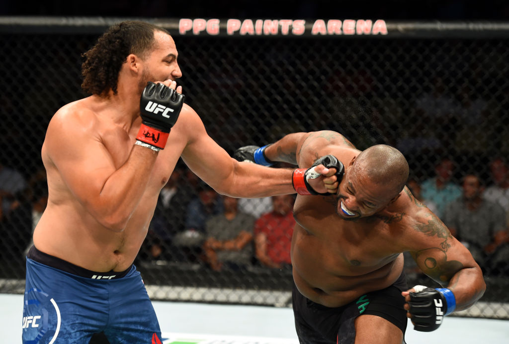 PITTSBURGH, PA - SEPTEMBER 16: (L-R) Justin Ledet punches Zu Anyanwu in their heavyweight bout during the UFC Fight Night event inside the PPG Paints Arena on September 16, 2017 in Pittsburgh, Pennsylvania. (Photo by Josh Hedges/Zuffa LLC)