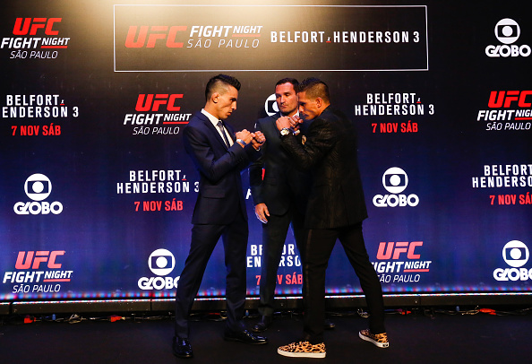 Bantamweight Thomas Almeida (L) and Anthony Birchak pose for a photo during the Ultimate Media Day at Hilton Hotel for the UFC Fight Night Sao Paulo on Nov. 5, 2015l. (Alexandre Schneider/Zuffa LLC)