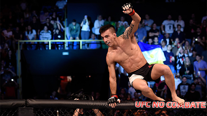 Thomas Almeida of Brazil celebrates victory over Anthony Birchak of the United States in their bantamweight bout during the UFC Fight Night Belfort v Henderson at Ibirapuera Gymnasium on November 7, 2015 in Sao Paulo, Brazil. (Photo by Buda Mendes/Zuffa LLC)