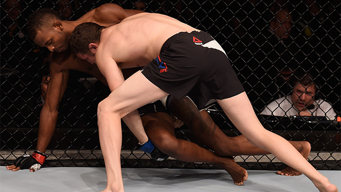 Kevin Souza of Brazil and Chas Skelly of the United states in their featherweight bout during the UFC Fight Night Belfort v Henderson at Ibirapuera Gymnasium on November 7, 2015 in Sao Paulo, Brazil. (Photo by Buda Mendes/Zuffa LLC)