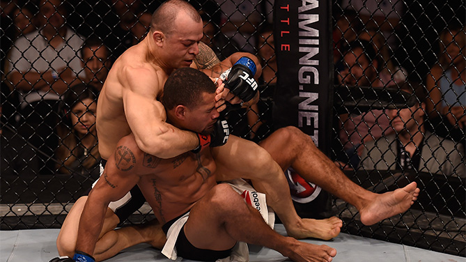 Gleison Tibau of Brazil attempts to submit Abel Trujillo of the United States in their lightweight bout during the UFC Fight Night Belfort v Henderson at Ibirapuera Gymnasium on November 7, 2015 in Sao Paulo, Brazil. (Photo by Buda Mendes/Zuffa LLC)