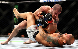 <a href='../fighter/Thiago-Alves'>Thiago Alves</a> of Brazil (bottom) fights against Jim Miller of the United States in their lightweight bout during the UFC 205 event at Madison Square Garden on November 12, 2016 in New York City. (Photo by Al Bello/Zuffa LLC)