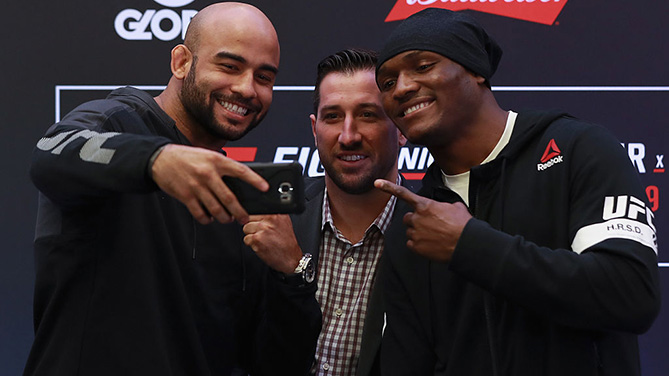 SAO PAULO, BRAZIL - NOV. 17: Light heavyweight fighters Warlley Alves (L) of Brazil and Kamaru Usman (R) of Nigeria take a selfie during Ultimate Media Day at Renaissance Hotel. (Photo by Buda Mendes/Zuffa LLC)