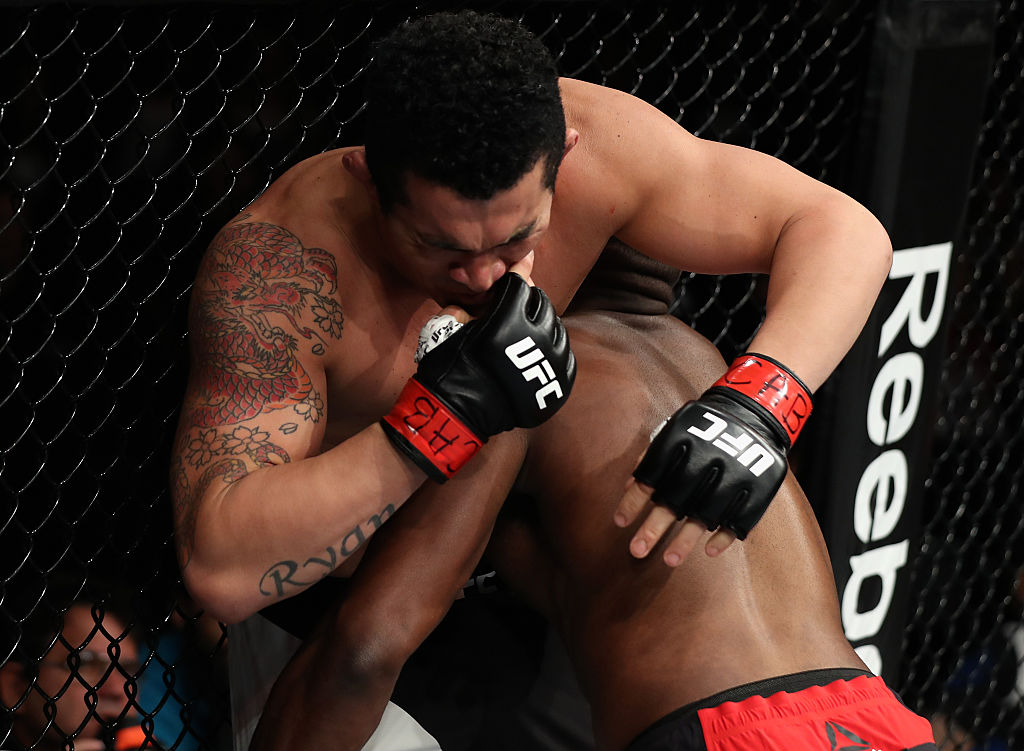 SAO PAULO, BRAZIL - NOVEMBER 19: Darren Stewart of England pushes Francimar Barroso of Brazil during their light heavyweight bout at the UFC Fight Night Bader v Minotouro at Ibirapuera Gymnasium on November 19, 2016 in Sao Paulo, Brazil. (Photo by Buda Mendes/Zuffa LLC)