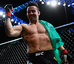 Pedro Munhoz of Brazil celebrates victory after his bantamweight bout against Justin Soggins of the United States at the UFC Fight Night Bader v Minotouro at Ibirapuera Gymnasium on November 19, 2016 in Sao Paulo, Brazil. (Photo by Buda Mendes/Zuffa LLC)