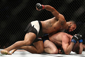 Thiago Santos punches <a href='../fighter/gerald-meerschaert'>Gerald Meerschaert</a> in their middleweight bout during the UFC 213 event at T-Mobile Arena on July 9, 2017 in Las Vegas, Nevada. (Photo by Rey Del Rio/Getty Images)