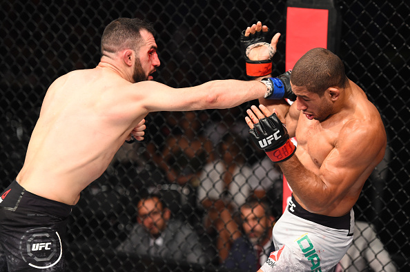 SAO PAULO, BRAZIL - OCTOBER 28: (L-R) Jared Gordon punches Hacran Dias of Brazil in their lightweight bout during the UFC Fight Night event inside the Ibirapuera Gymnasium on October 28, 2017 in Sao Paulo, Brazil. (Photo by Josh Hedges/Zuffa LLC/Zuffa LLC via Getty Images)