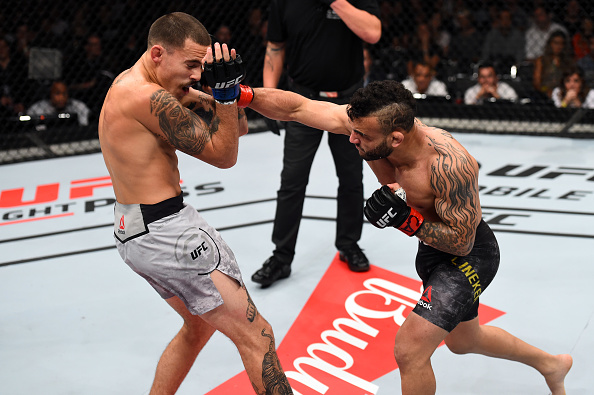 SAO PAULO, BRAZIL - OCTOBER 28: (R-L) John Lineker of Brazil punches Marlon Vera of Ecuador in their bantamweight bout during the UFC Fight Night event inside the Ibirapuera Gymnasium on October 28, 2017 in Sao Paulo, Brazil. (Photo by Josh Hedges/Zuffa LLC/Zuffa LLC via Getty Images)