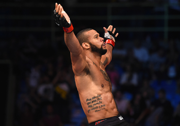 Thiago Santos celebrates after defeating <a href='../fighter/jack-hermansson'>Jack Hermansson</a> during their middleweight bout at Fight Night Sao Paulo