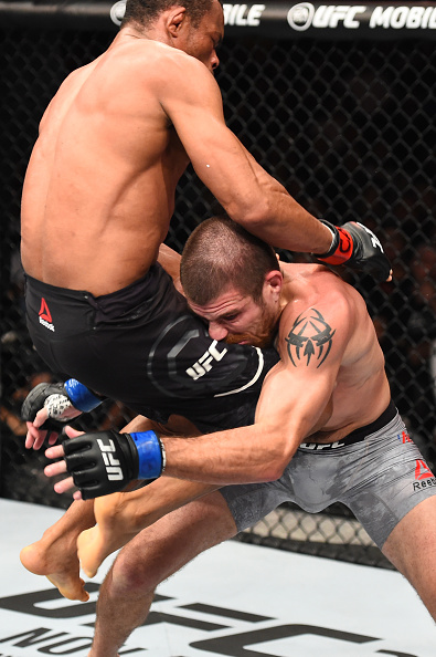 <a href='../fighter/Francisco-Trinaldo'><a href='../fighter/Francisco-Trinaldo'>Francisco Trinaldo</a></a> lands a knee to the face of <a href='../fighter/Jim-Miller'><a href='../fighter/Jim-Miller'>Jim Miller</a></a> in their lightweight bout during the UFC Fight Night on Oct. 28, 2017 in Sao Paulo, Brazil. (Photo by Josh Hedges/Zuffa LLC)