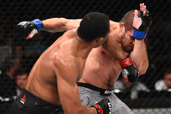 SAO PAULO, BRAZIL - OCTOBER 28: (L-R) Francisco Trinaldo of Brazil punches Jim Miller in their lightweight bout during the UFC Fight Night event inside the Ibirapuera Gymnasium on October 28, 2017 in Sao Paulo, Brazil. (Photo by Josh Hedges/Zuffa LLC/Zuffa LLC via Getty Images)