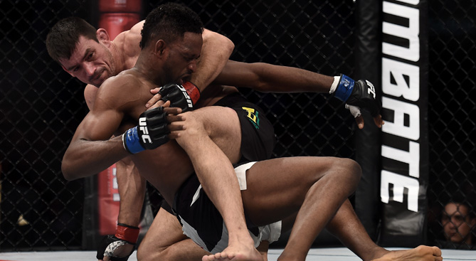<a href='../fighter/Demian-Maia'>Demian Maia</a> submits <a href='../fighter/Neil-Magny'>Neil Magny</a> in their welterweight bout during the UFC 190 on August 1, 2015 in Rio de Janeiro, Brazil. (Photo by Buda Mendes/Zuffa LLC/)