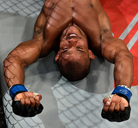 Alex Garcia celebrates after his submission victory over <a href='../fighter/Muslim-Salikhov'>Muslim Salikhov</a> on Nov. 25, 2017 in Shanghai, China. (Photo by Brandon Magnus/Zuffa LLC)