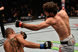 Zabit Magomedsharipov punches <a href='../fighter/Sheymon-Moraes'>Sheymon Moraes</a> on Nov. 25, 2017 in Shanghai, China. (Photo by Brandon Magnus/Zuffa LLC)