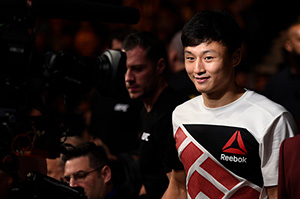 Doo Ho Choi enters the Octagon during <a href='../event/The-Ultimate-Fighter-T-Rampage-vs-T-Forrest-Finale'><a href='../event/The-Ultimate-Fighter-Finale-Team-Nog-vs-Team-Mir'><a href='../event/The-Ultimate-Fighter-Team-Liddell-vs-Team-Ortiz-FINALE'><a href='../event/TUF13-finale'><a href='../event/the-ultimate-fighter-a-champion-will-be-crowned'>The Ultimate Fighter Finale </a></a></a></a></a>event on July 8, 2016 in Las Vegas, Nevada. (Photo by Jeff Bottari/Zuffa LLC)